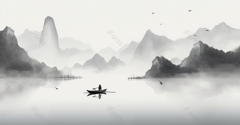 中国风质感山水平静的湖泊和船上划桨的人黑白水墨风格画艺术背景插画,插画/手绘图,插画/手绘图库,插画/手绘图下载,插画/手绘